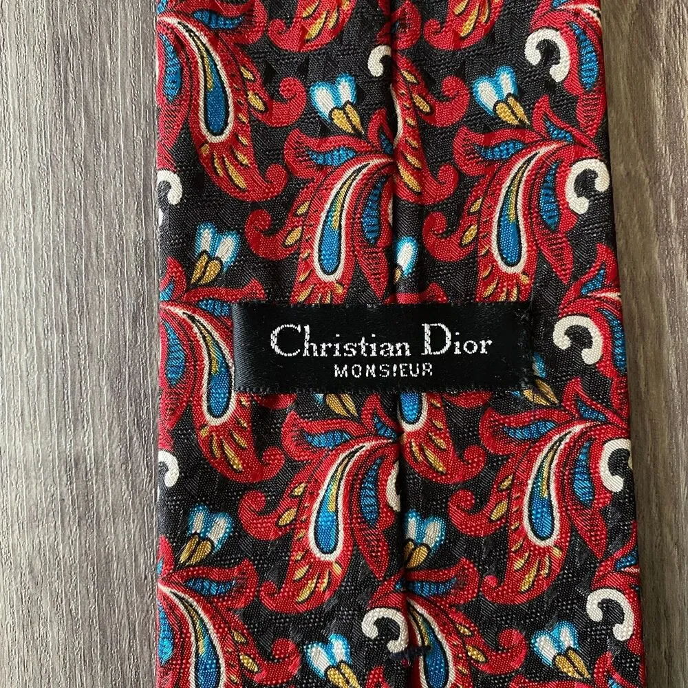 Christian Dior Monsieur Men's Neck Tie Red Black Paisley Polyester Made In USA